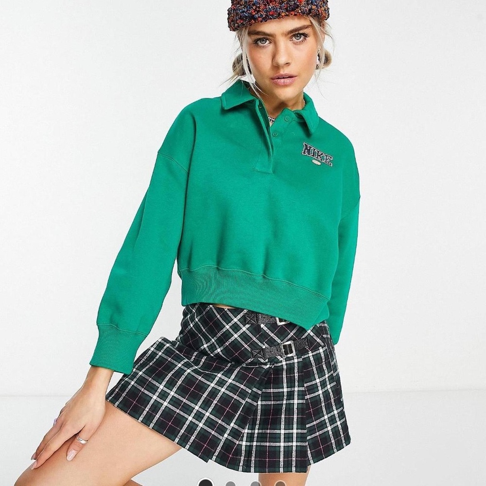 Nike PHOENIX FLEECE RETRO CROP POLO TOP IN MALACHITE GREEN EXCLUSIVE sz Large